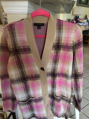 Ann Taylor Pink and Tan Plaid Knit Cardigan